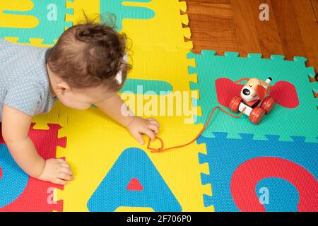 7 month old baby girl crawling toward pull toy, reaching to grasp string with thumb and forefinger Stock Photo