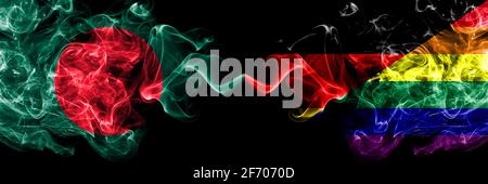 Bangladesh, Bangladeshi vs Germany, German, Gay, Pride smoky mystic flags placed side by side. Thick colored silky abstract smokes flags. Stock Photo