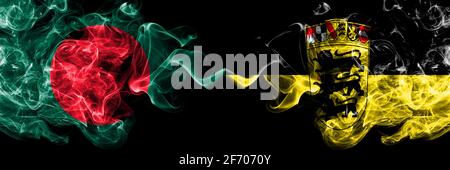 Bangladesh, Bangladeshi vs Germany, German, Deutschland, Baden Wurttemberg smoky mystic flags placed side by side. Thick colored silky abstract smokes Stock Photo