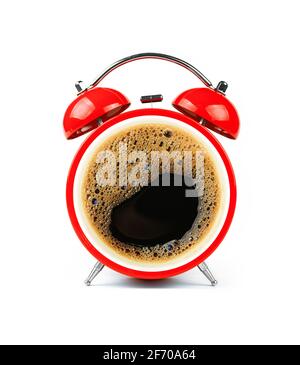 Close up one red retro alarm clock with black coffee cup froth face, isolated on white background, low angle, front view Stock Photo