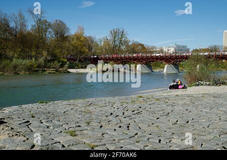 Isar river near Munich. A favorite resting place for the townspeople. Bavaria, Germany. Stock Photo