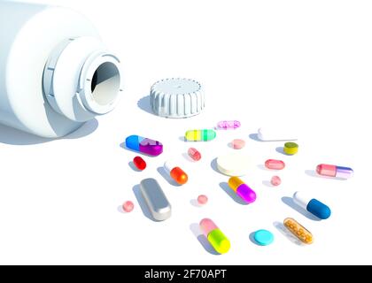 Assorted pharmaceutical medicine pills, tablets, capsules. White medicine bottle. Copy space for text. Pills, various medicines, on prescription Stock Photo