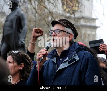 London, UK. 03rd Apr, 2021. Former Labour leader Jeremy Corbyn addresses the crowd in Parliament Square for the Kill the Bill protest in London. April 3rd 2021. Anna Hatfield/ Pathos Images Credit: One Up Top Editorial Images/Alamy Live News Stock Photo