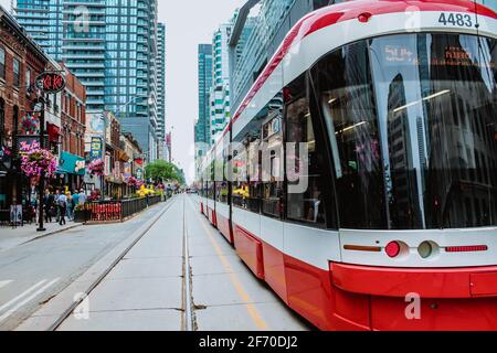 TORONTO, ONTARIO Canada- August 29, 2019: TTC Close view os a streetcar in downtown Toronto's entertainment district. New tram on streets of Toronto Stock Photo