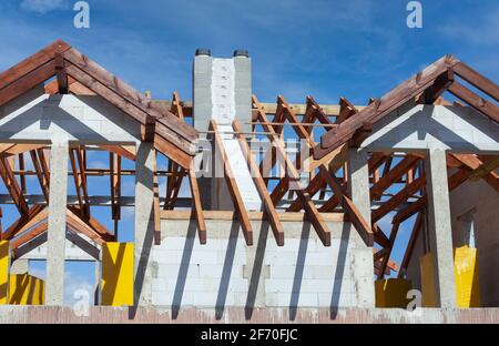 Detail of house under construction, roof of house. Stock Photo
