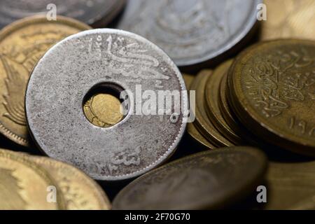 five milliemes coin 1917, old Egyptian money of 5 milliemes coin the currency of kingdom of Egypt at the time of Sultan Hussein Kamel of Egypt. Stock Photo