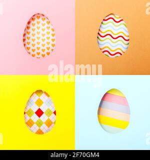 Creative art collage. Pattern of Easter colored eggs on colorful background. Stock Photo