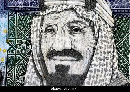 King Abdulaziz Al Saud former king of Saudi Arabia photo on the observe side of 500 Saudi riyals banknote, close-up of 500 Saudi riyals money Stock Photo