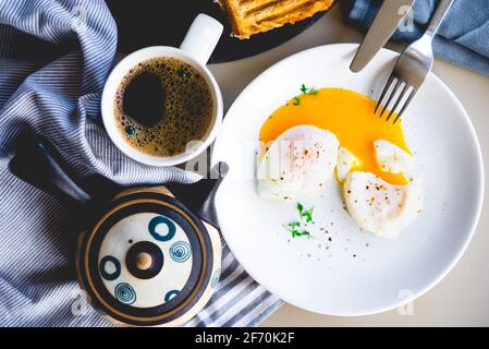 Morning poached eggs with a cup of coffee