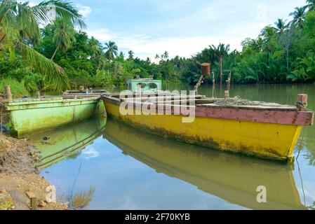 Moored boats on the Loboc River, Bohol, Central Visayas, Philippines Stock Photo