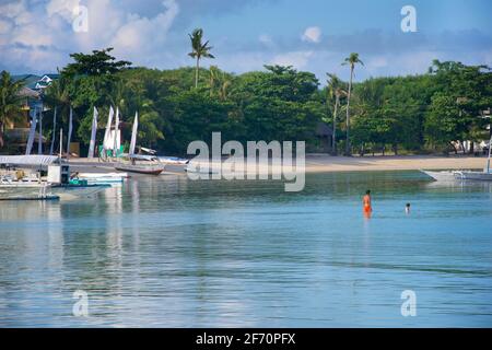 Logon, Malapascua Island, with local boats. Cebu, Philippines. Swimming in the Visayan Sea. Stock Photo