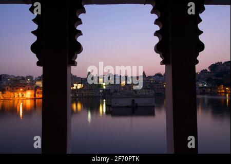 Dawn view of old Udaipur from the Lake Pichola hotel. Rajasthan, India Stock Photo