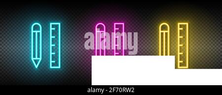 application, pencil, rule vector icon yellow, pink, blue neon set. Tools vector icon on dark transparency background Stock Vector