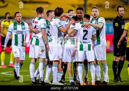 VENLO, NETHERLANDS - APRIL 3: Team of FC Groningen celebrating victory during the Dutch Eredivisie match between VVV Venlo and FC Groningen at Covebo Stock Photo