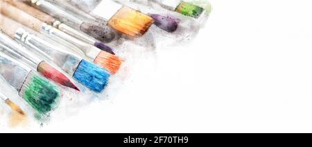 Artist's brushes stained with paints, creativity background, copy space Stock Photo