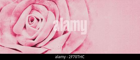 Pink rose flower background in watercolor technique, wide banner size with copy space Stock Photo