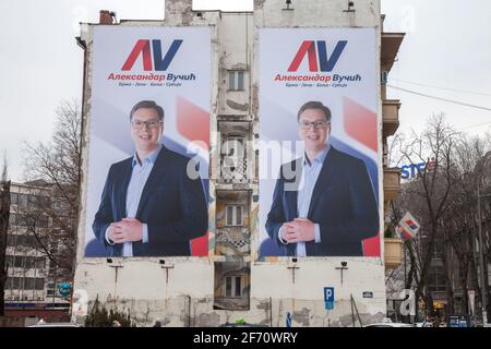 NOVI SAD, SERBIA - MARCH 11, 2017:Posters of Aleksandar Vucic for the 2017 Presidential elections on billboard in Kovacica. Aleksandar Vucic is the Pr Stock Photo