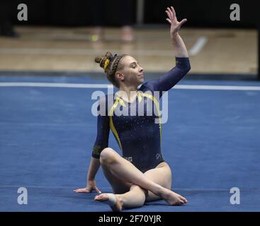 Morgantown, WV, USA. 3rd Apr, 2021. Michigan's Natalie Wojcik performs her floor routine during the Finals of the NCAA Gymnastics Morgantown Regional at the WVU Coliseum in Morgantown, WV. Kyle Okita/CSM/Alamy Live News Stock Photo