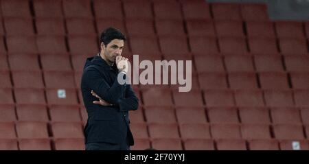 London, UK. 4th Apr, 2021. Arsenal's manager Mikel Arteta is seen during the Premier League match between Arsenal and Liverpool at the Emirates Stadium in London, Britain, on April 3, 2021. Credit: Xinhua/Alamy Live News Stock Photo