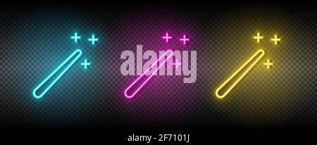 magic, stick, wizard vector icon yellow, pink, blue neon set. Tools vector icon on dark transparency background Stock Vector