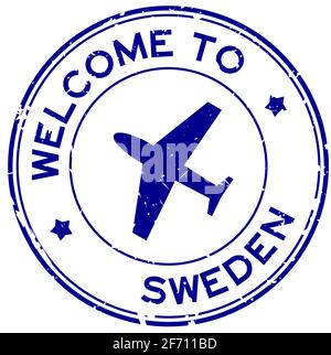 Grunge blue welcome to Sweden word with airplane icon round rubber seal stamp on white background Stock Vector