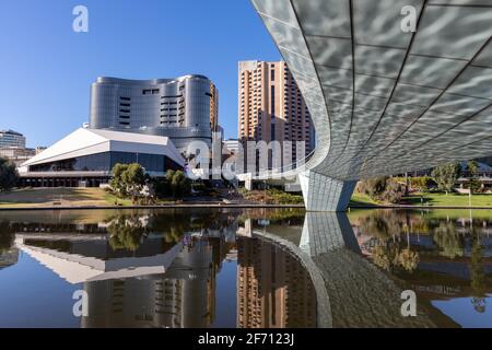 Adelaide cityscape reflecting in the river torrens in adelaide south australia on april 2nd 2021
