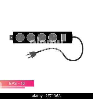 The outlet is an extension cord. Black color with plug and power button. 220 110 volts. On a white background. Flat vector illustration. Stock Vector