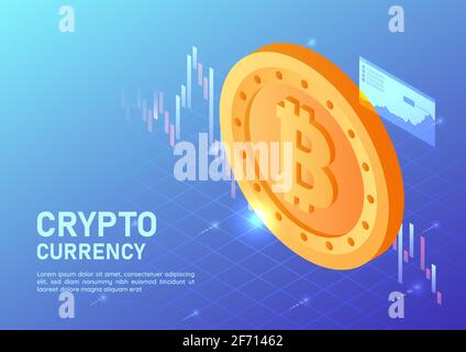 3d Isometric Web Banner Golden Bitcoin with Virtual Stock Market Graph. Cryptocurrency Concept. Stock Vector