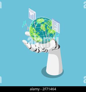 Flat 3d Isometric Ai Artificial Intelligence Analysis Stock Market Data Around The World. AI Machine Learning Concept. Stock Vector