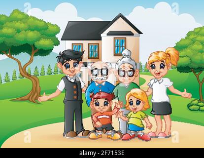 Vector illustration of Cartoon happy family members in the front yard of the house Stock Vector