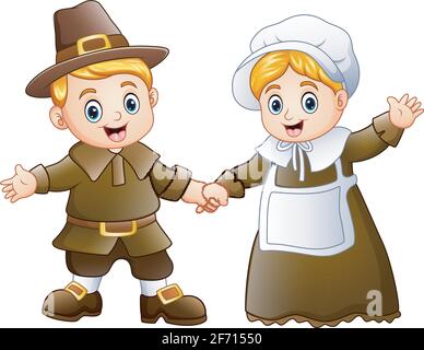 Vector illustration of Thanksgiving day of pilgrim couple waving Stock Vector