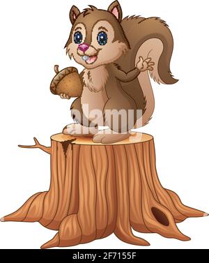 Vector illustration of Cartoon squirrel standing on tree stump holding an acorn Stock Vector