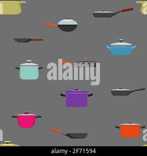 Kitchenware and cooking utensils colorful seamless pattern. Flat and solid color vector illustration. Stock Vector