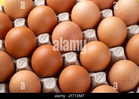 Nice big rural fresh eggs in cardboard egg box holder. Top view. Stock Photo