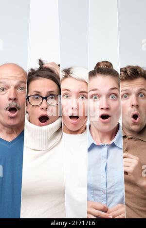 Collage of male and female looking with wide eyed expression being horrified to find out bad news Stock Photo