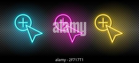 add, copy, cursor vector icon yellow, pink, blue neon set. Tools vector icon on dark transparency background Stock Vector