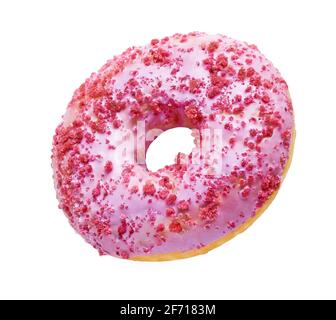 flying pink donut isolated on white background Stock Photo