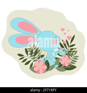 A cute sweet rabbit with a cup of tea sits surrounded by leaves and flowers. Vector cartoon design for sticker, poster, t-shirt, baby products. Stock Vector