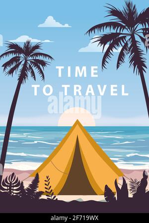 Time to travel. Tourist tent camping on the tropical beach, palms. Summer vacation coastline beach sea, ocean, travel Stock Vector