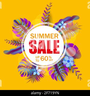 Summer Sale banner, poster with palm leaves, jungle leaf, gradient holographic. Floral tropical summer background. Vector illustration template Stock Vector