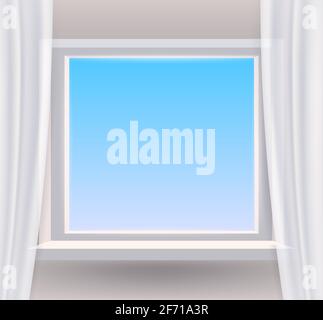 Window, view on blue sky, spring, interior, curtains. Vector illustration template realistic Stock Vector