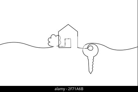 One line seller house door keys. Building quarter residential complex. Hand drawn sketch continuous line. Sell own family customer life business Stock Vector