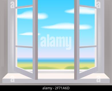 Open window in interior, view on landscape, spring, curtains. Vector illustration template realistic Stock Vector
