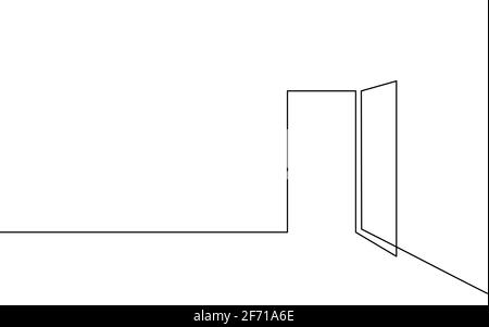 Single continuous line art opened door. New opportunity problem solution concept. Creative teamwork banner design. One sketch outline drawing vector Stock Vector