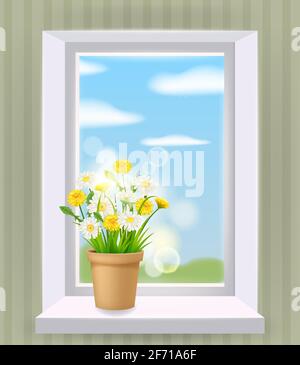 Window in interior, spring, flower pot with flowers daisy and dandelions on windowsill. Vector illustration realistic Stock Vector