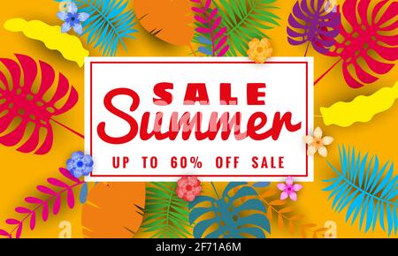 Summer sale paper cut style, banner template for seasonal sales with tropical leaves flowers background, color exotic floral design banner, flyer Stock Vector