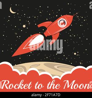 Rocket to the Moon. Retro vintage, astronaut in spacecraft. Vector illustration Stock Vector