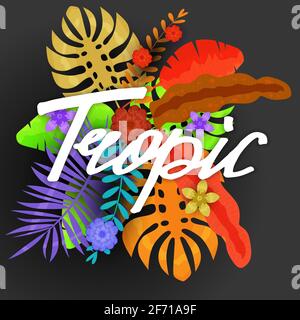 Summer trendy tropical leaves exotical plants palm jungle leaf. Lettering trending colors on dark background template banner. Vector illustration Stock Vector