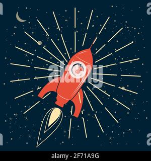 Rocket in outer space. Retro vintage, astronaut in spacecraft. Vector illustration Stock Vector