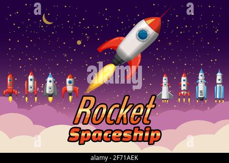 Set Rockets collection. Start up launch. Assets spacecraft for for mobile game design. Retro vector illustration isolated cartoon style Stock Vector